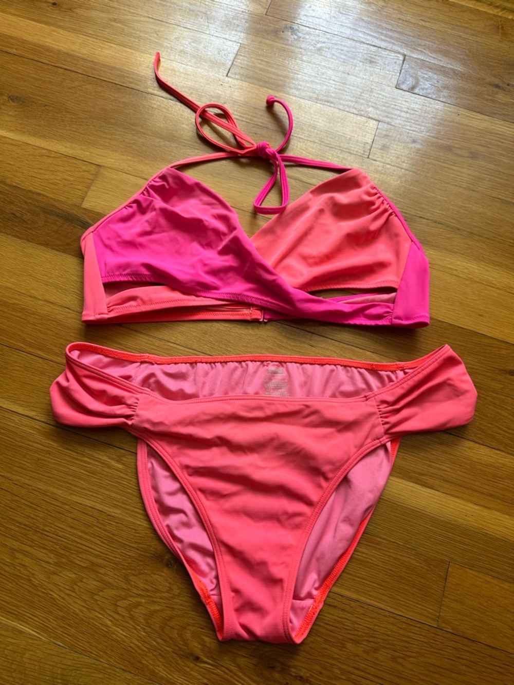 PINK Victoria's Secret Two-Tone Pink & Coral Halter Bikini